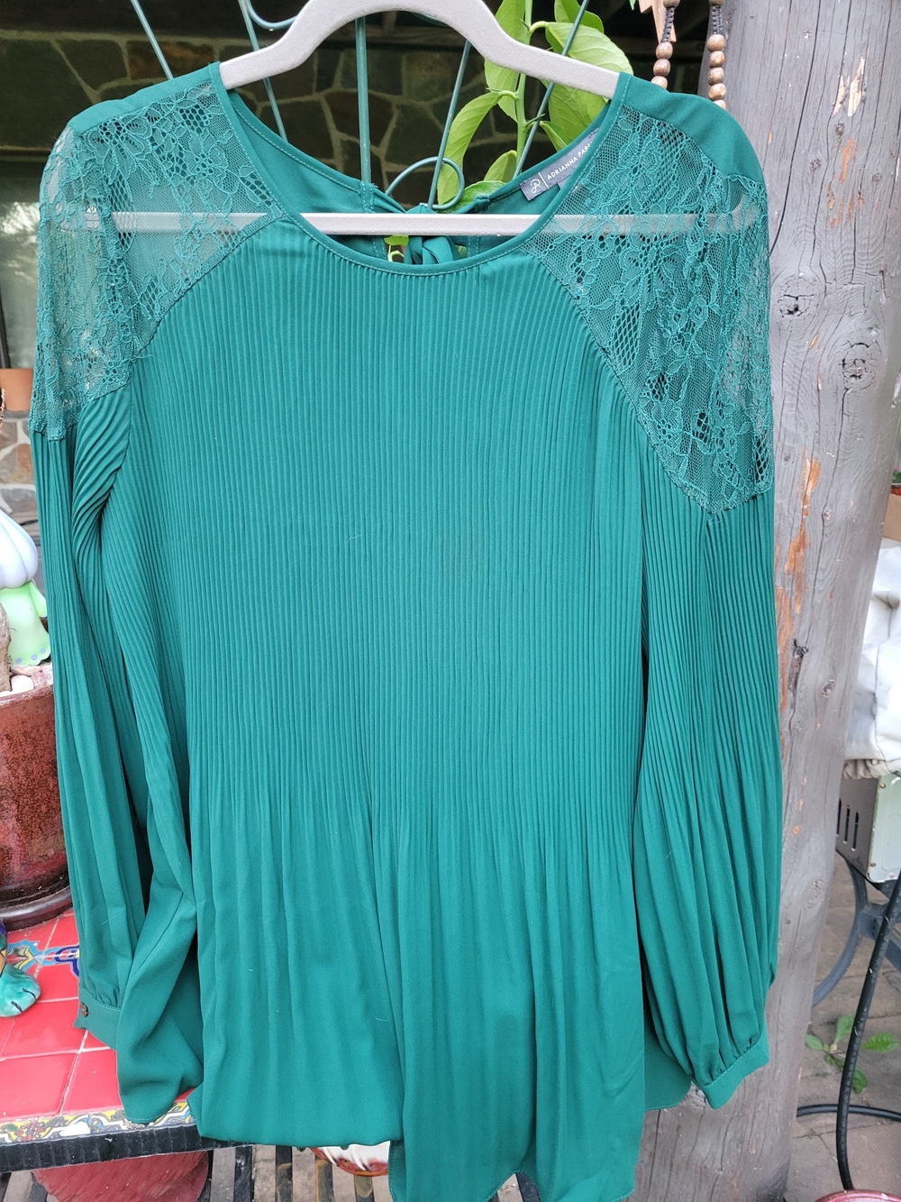 Adrianna Papell Teal Lace-Yoke Pleated Long-Sleeve Top